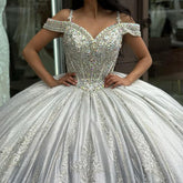 Silver Ball Gown Off-Shoulder Beaded Lace Applique Quinceanera Dress with Sweep Train for Sweet 16 & Princess Parties